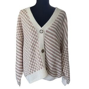 Maurices XXL Tan Cream Mixed Pattern Checkered Striped Knit Cardigan Sweater